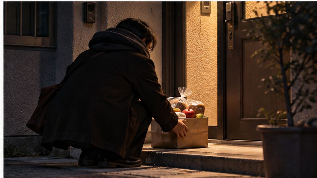 이웃의 문 앞에 조용히 음식을 두고 가는 사람